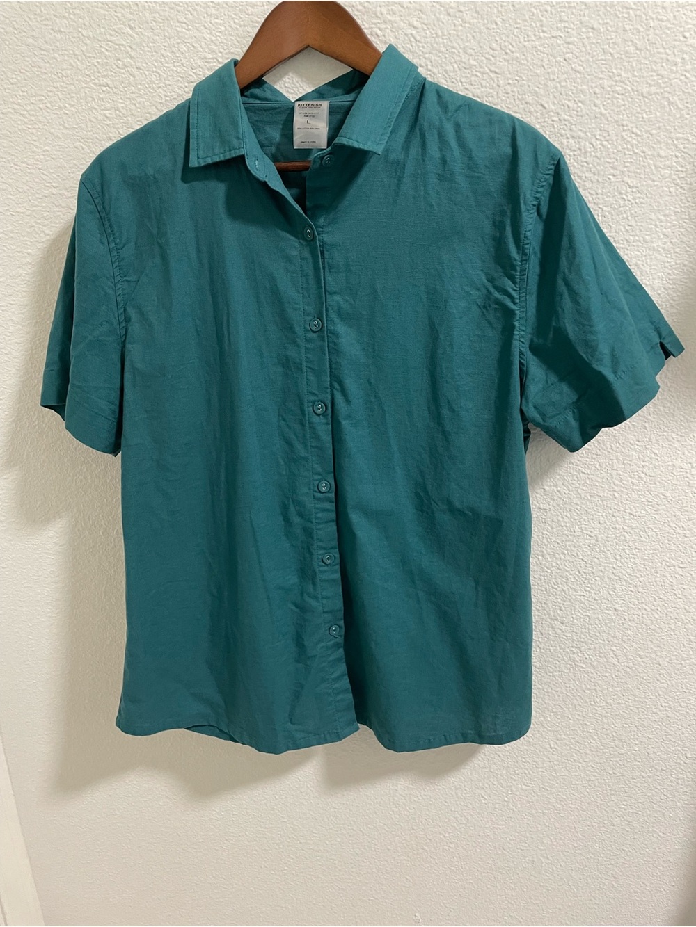 Women’s linen blend Teal Short-Sleeve Button-Up Shirt